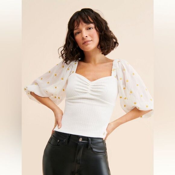 Anthropologie Hutch White and Gold Puff Sleeve Top size small s - Picture 1 of 6